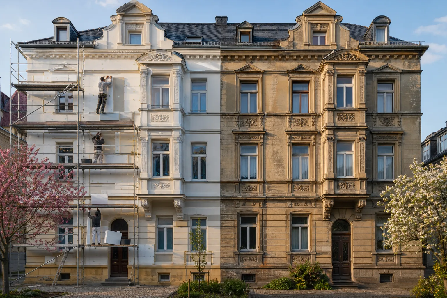 Gründerzeithaus in Würzburg bei Altbausanierung – Fassadendämmung im Vergleich vorher nachher