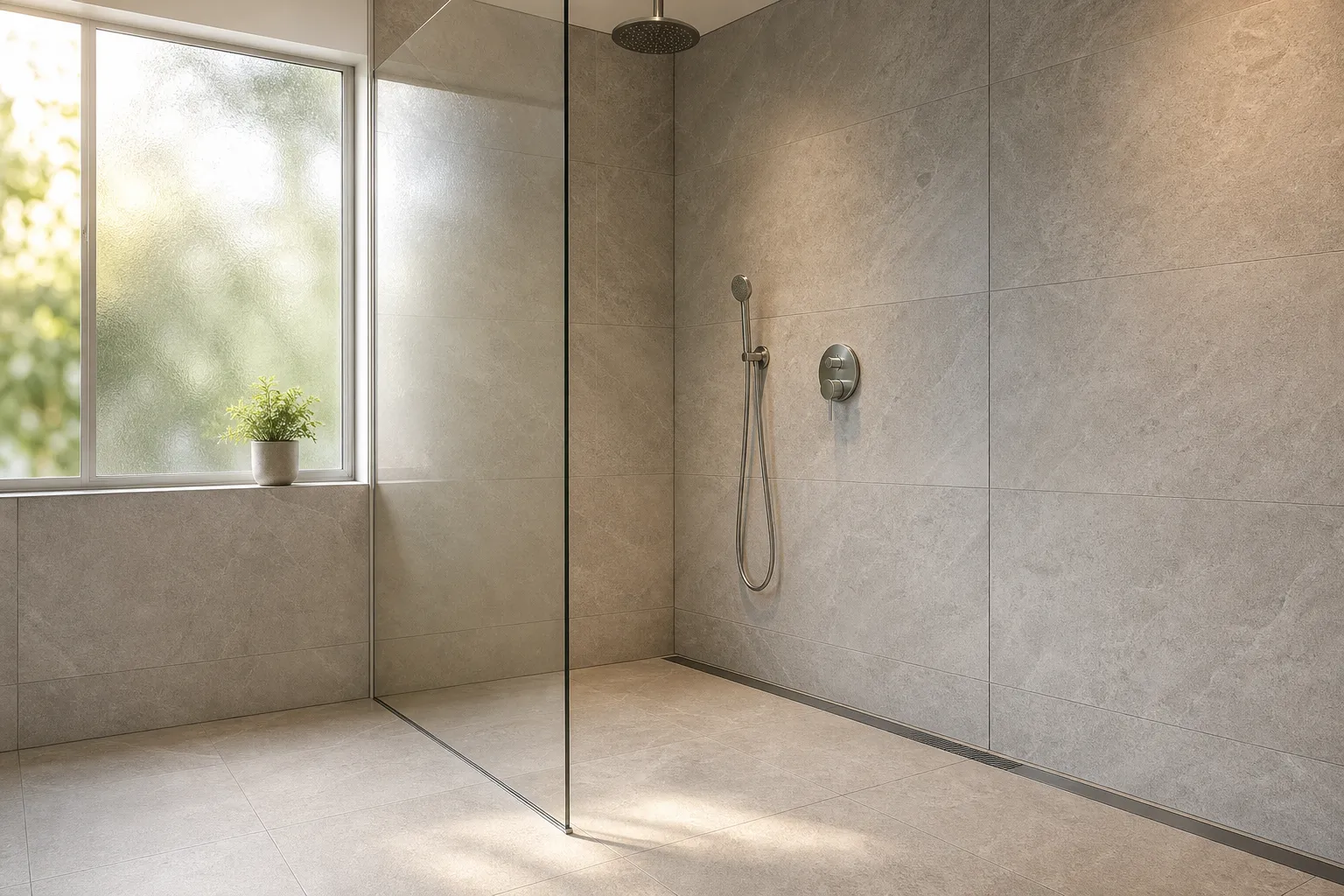 Moderne bodengleiche Dusche mit Glasabtrennung und ebenerdiger Entwässerungsrinne in einem sanierten Badezimmer