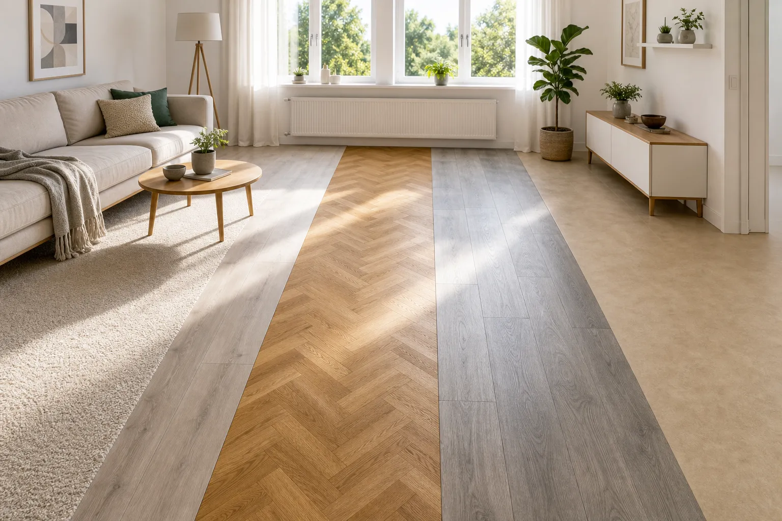 Vergleich fünf Bodenbeläge – Teppich, Laminat, Parkett, PVC und Linoleum nebeneinander in einem hellen Wohnzimmer