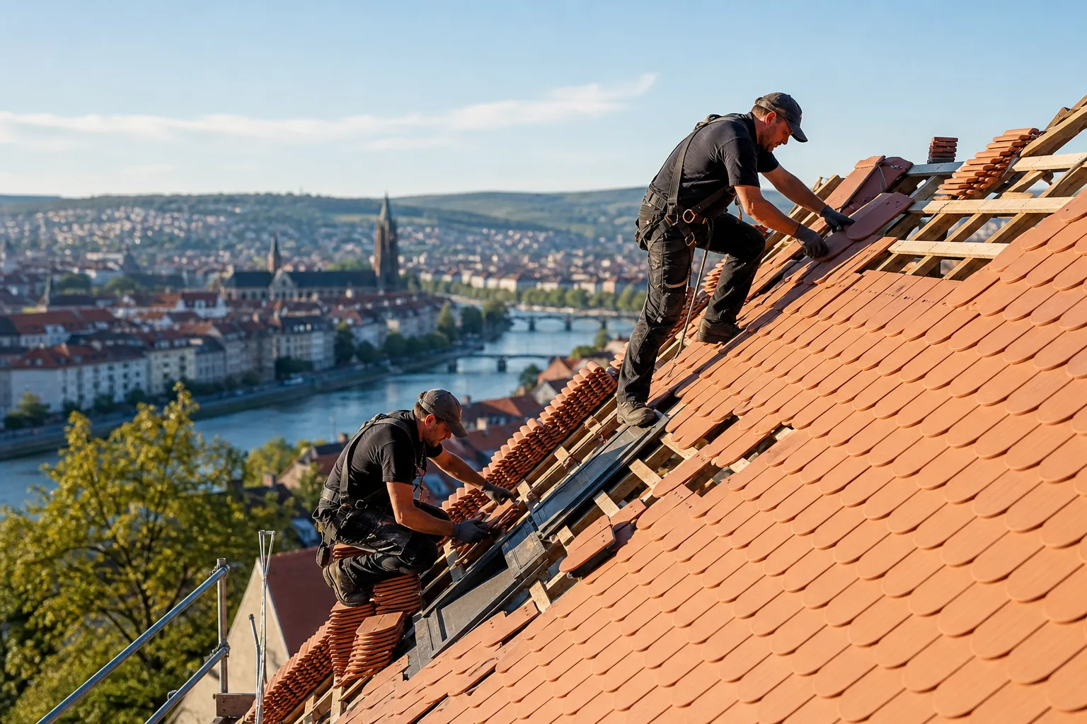 Dachdecker verlegen fränkische Biberschwanz-Dachziegel auf einem Würzburger Wohnhaus