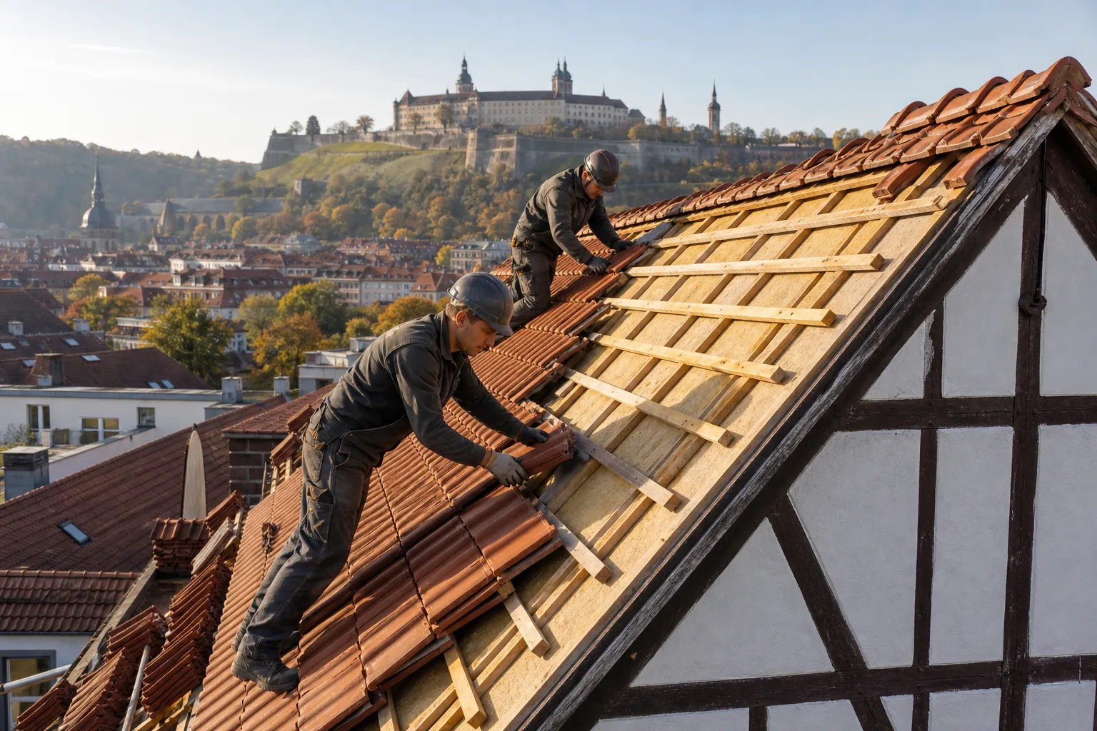 Dachdecker verlegen neue Dachziegel bei einer Dachsanierung in Würzburg mit Marienberg im Hintergrund