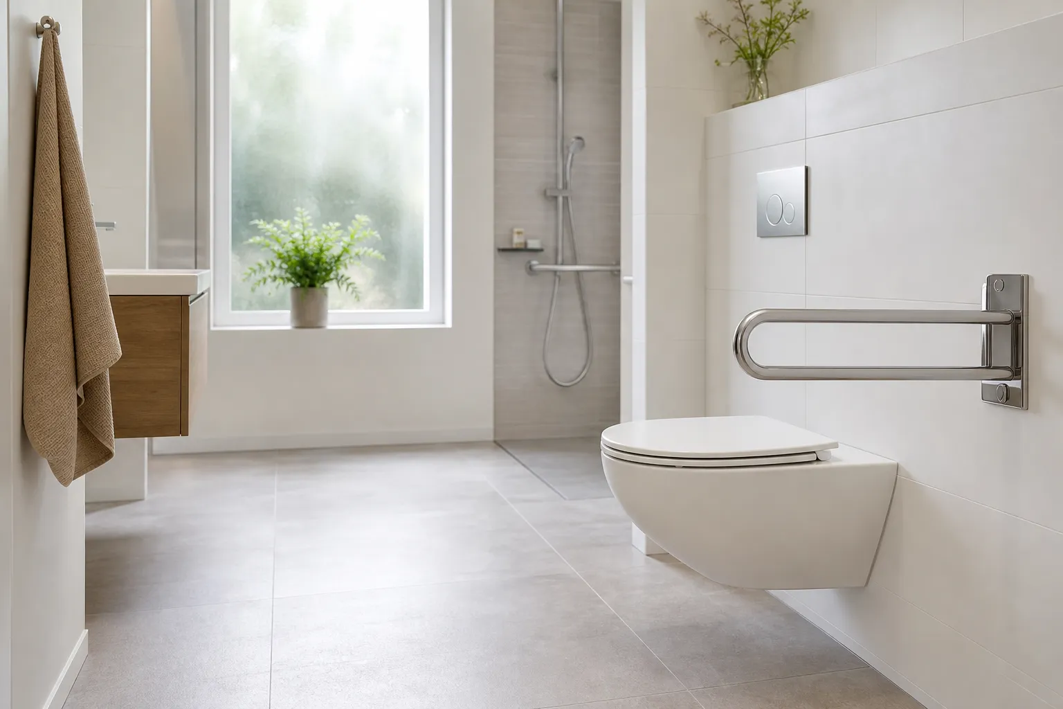 Barrierefreies Badezimmer mit wandhängendem Komfort-WC und Haltegriff in Würzburg