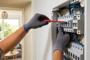 Elektriker erneuert Sicherungskasten in einem Würzburger Wohnhaus