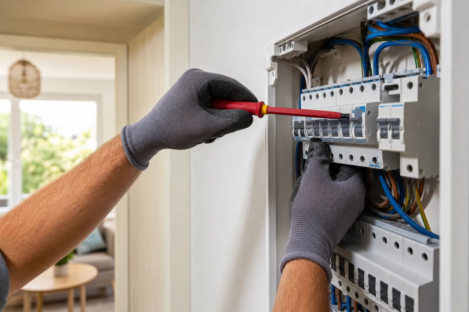Elektriker erneuert Sicherungskasten in einem Würzburger Wohnhaus