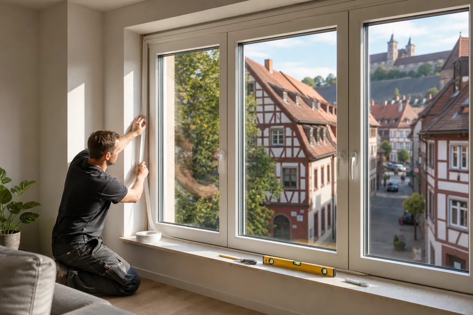 Handwerker bei der Fenstermontage in Würzburg – professioneller Einbau eines Dreiglasverbundfensters