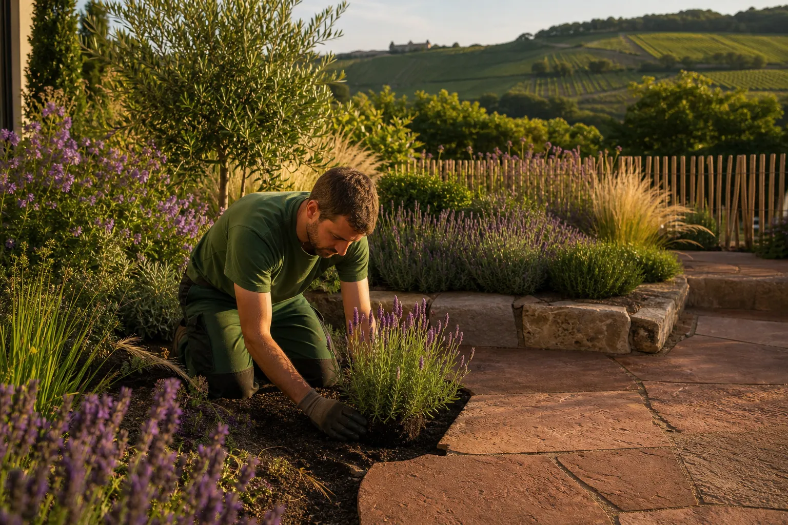 Professionelle Gartengestaltung in Würzburg mit Natursteintetrasse und mediterranen Pflanzen