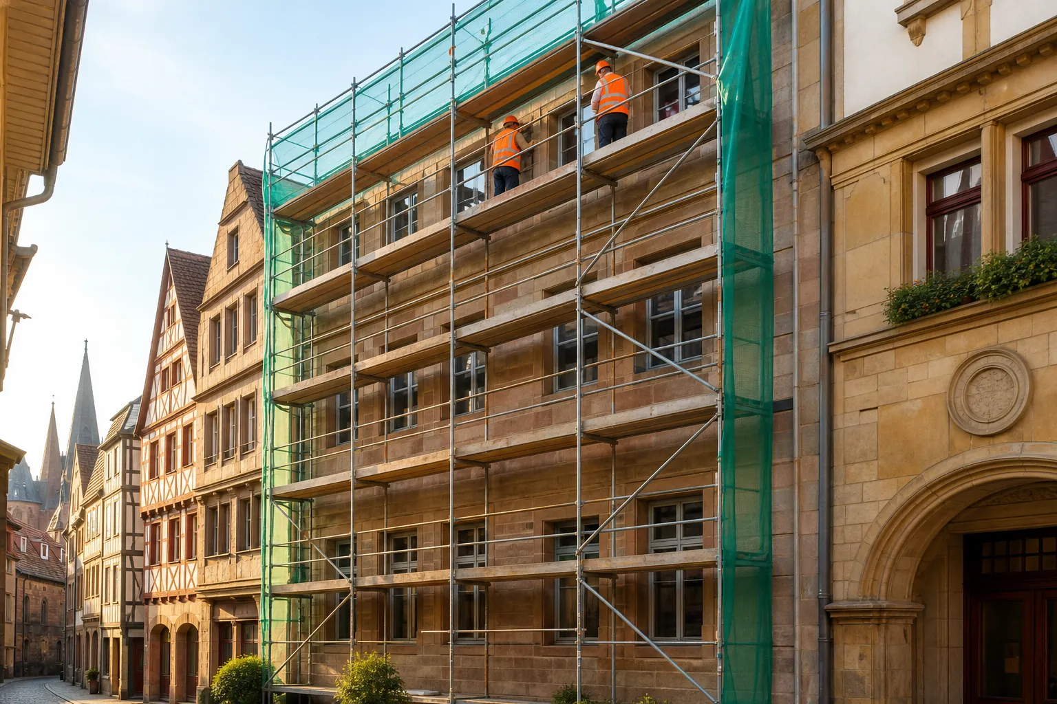 Fassadengerüst an historischem Sandsteingebäude in der Würzburger Altstadt