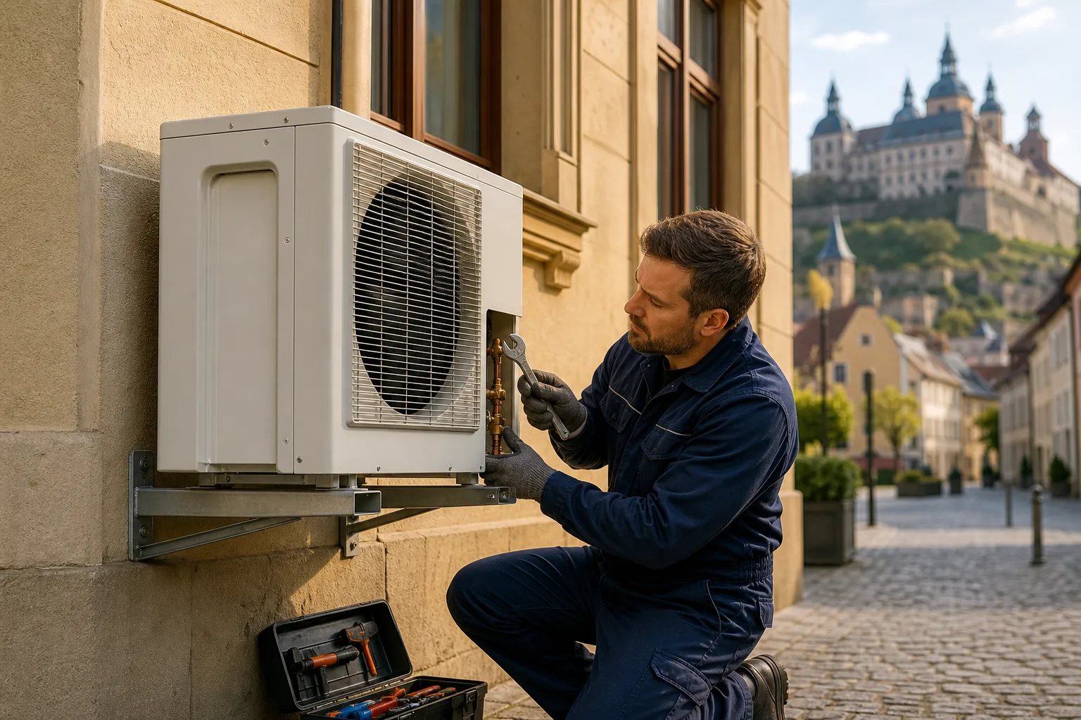 Heizungsinstallateur montiert Wärmepumpe an einem Würzburger Wohnhaus