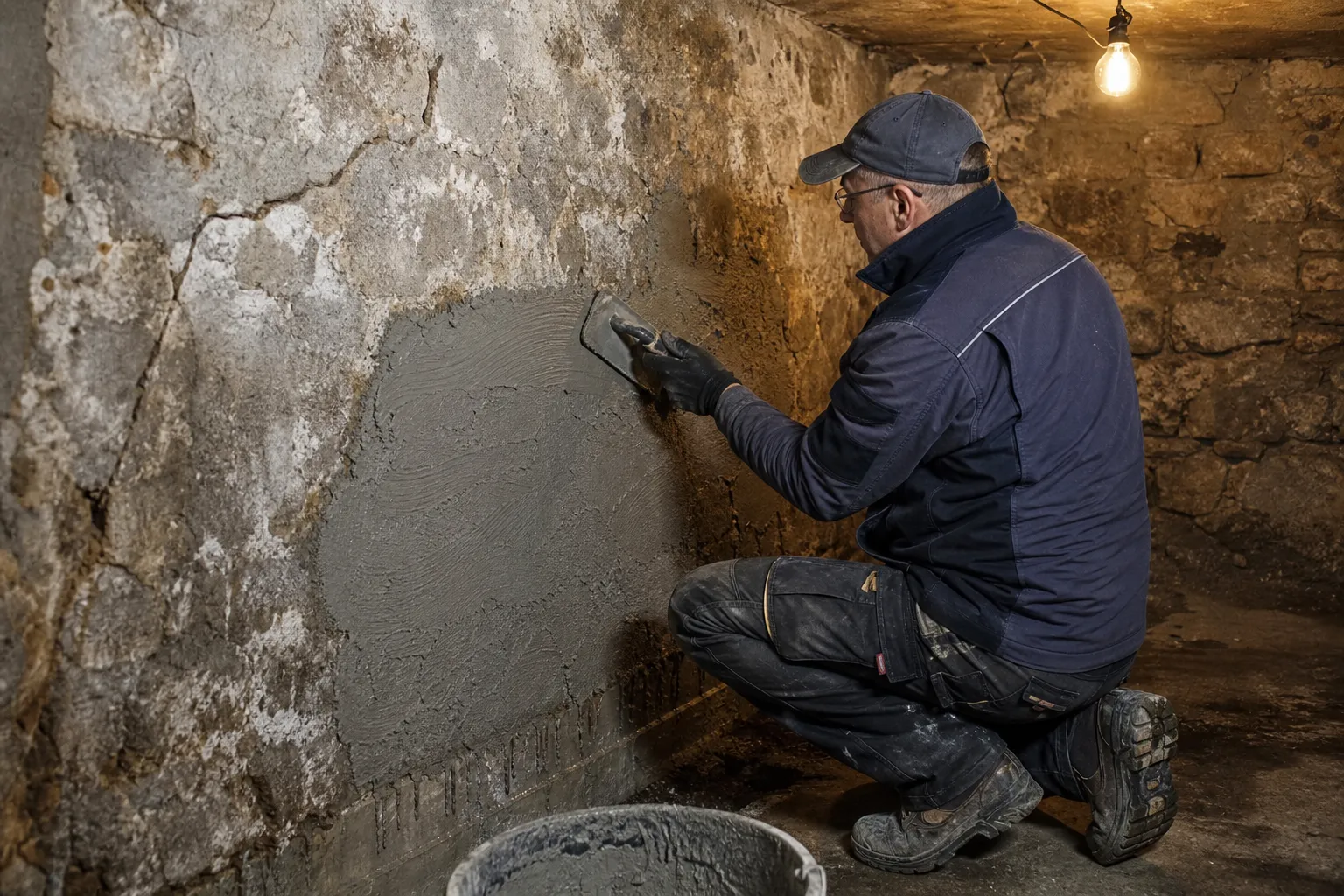 Fachmann trägt Sperrmörtel auf feuchte Kellerwand in Würzburger Altbau auf
