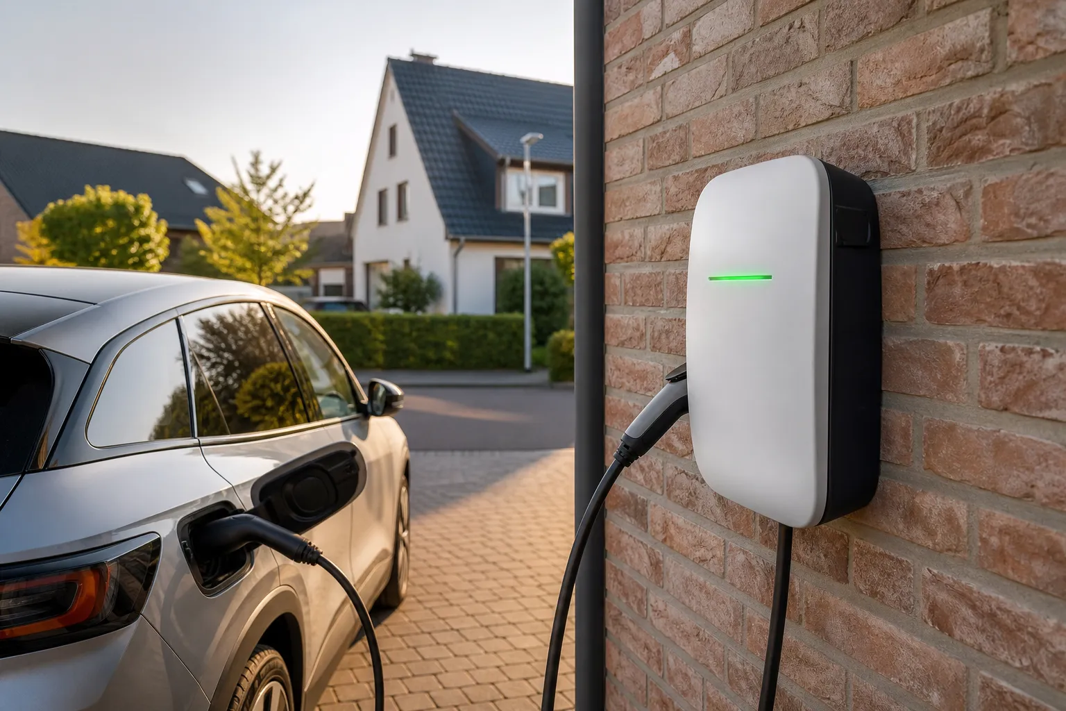 Wallbox an Garage eines Einfamilienhauses in Würzburg mit angeschlossenem Elektroauto