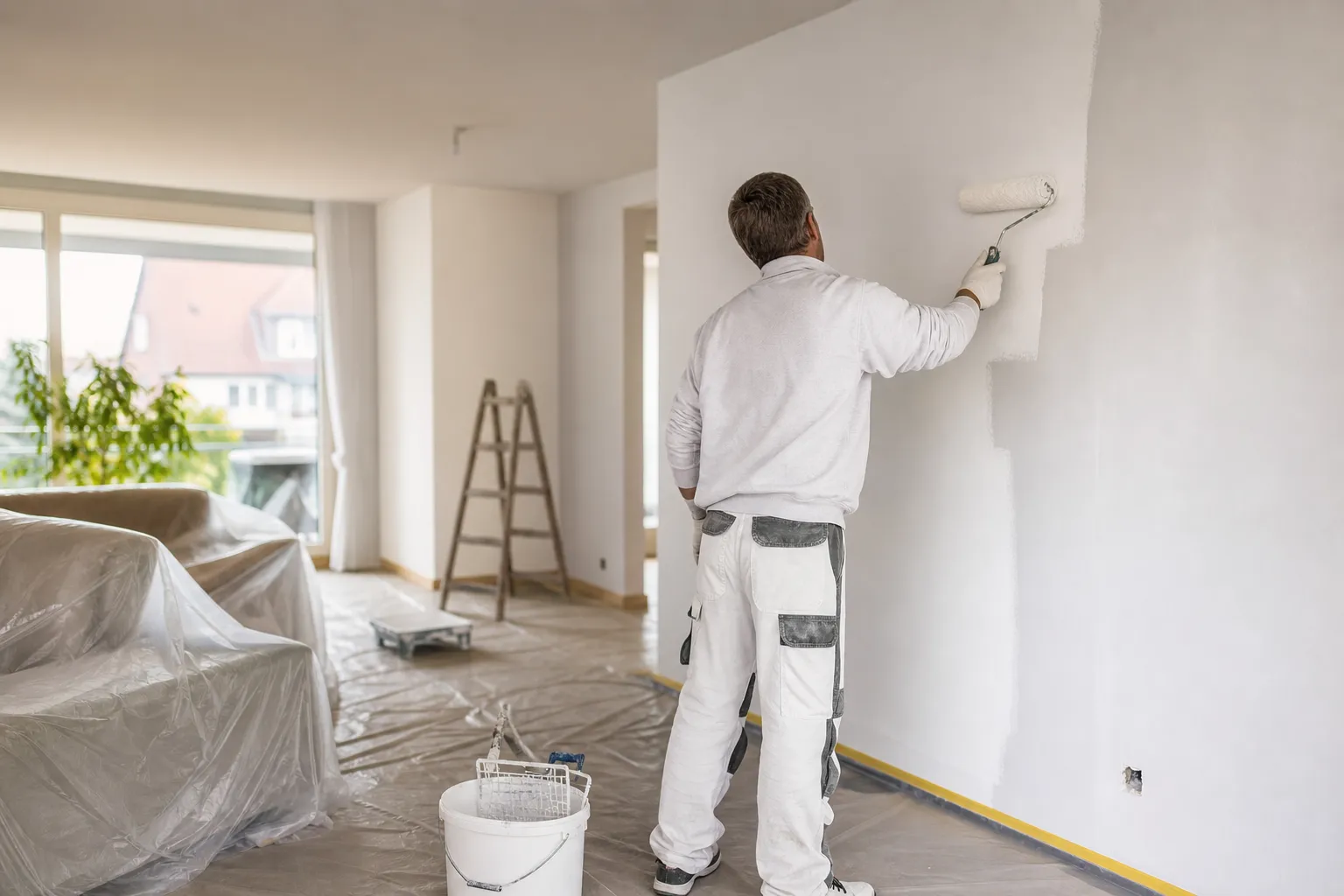 Maler beim Innenanstrich einer Wohnung in Würzburg – professionelle Malerarbeiten