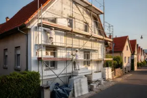 Fassadendämmung an Einfamilienhaus in Würzburg – Wärmedämmverbundsystem wird montiert