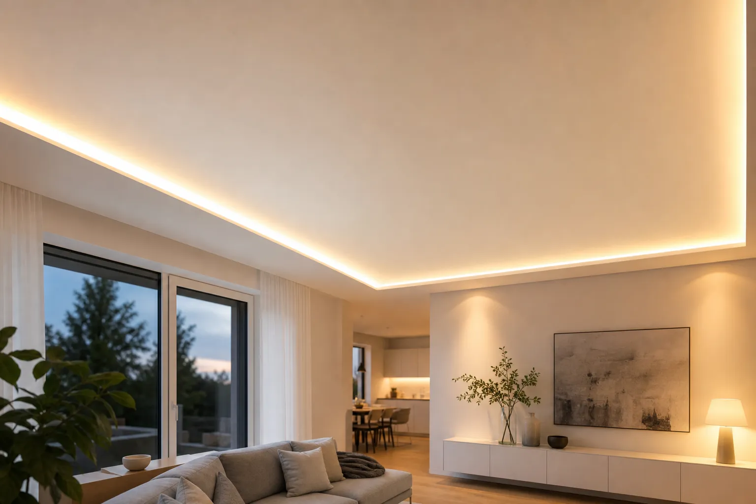 Wohnzimmer mit installierter weißer Spanndecke und integrierter LED-Beleuchtung