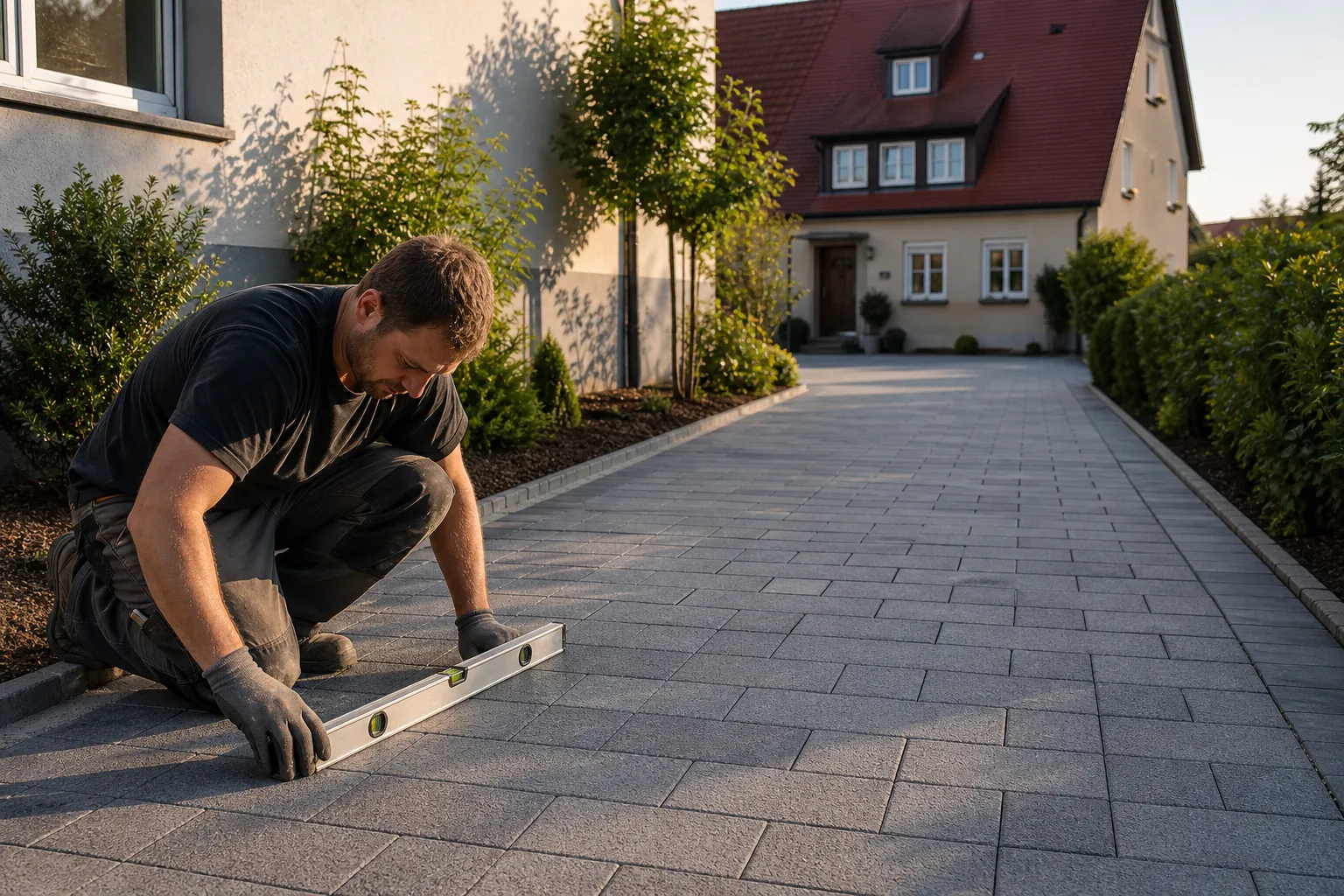 Frisch gepflasterte Einfahrt mit Betonpflastersteinen vor einem fränkischen Haus in Würzburg