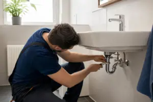 Sanitärinstallateur bei Armaturenmontage in einem Würzburger Badezimmer