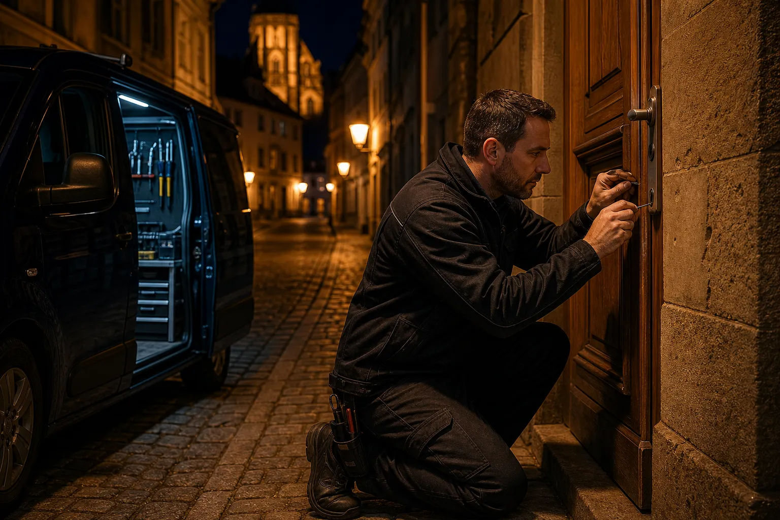 Seriöser Schlüsseldienst öffnet nachts eine Altbautür in Würzburg