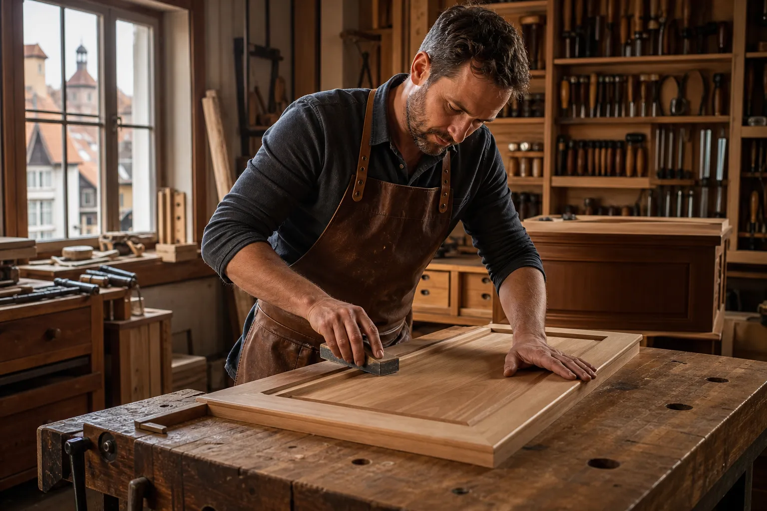 Schreiner in Würzburg schleift einen Einbauschrank in der Werkstatt