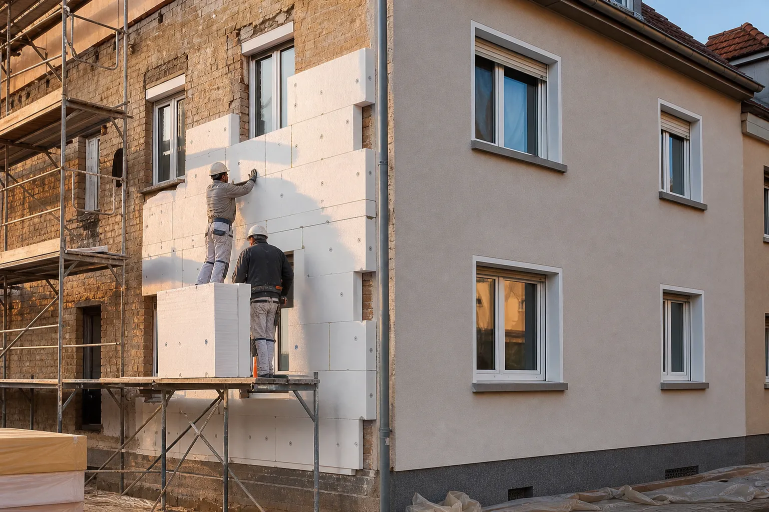 Fassadendämmung Würzburg: Montage von WDVS-Dämmplatten an einem Altbau