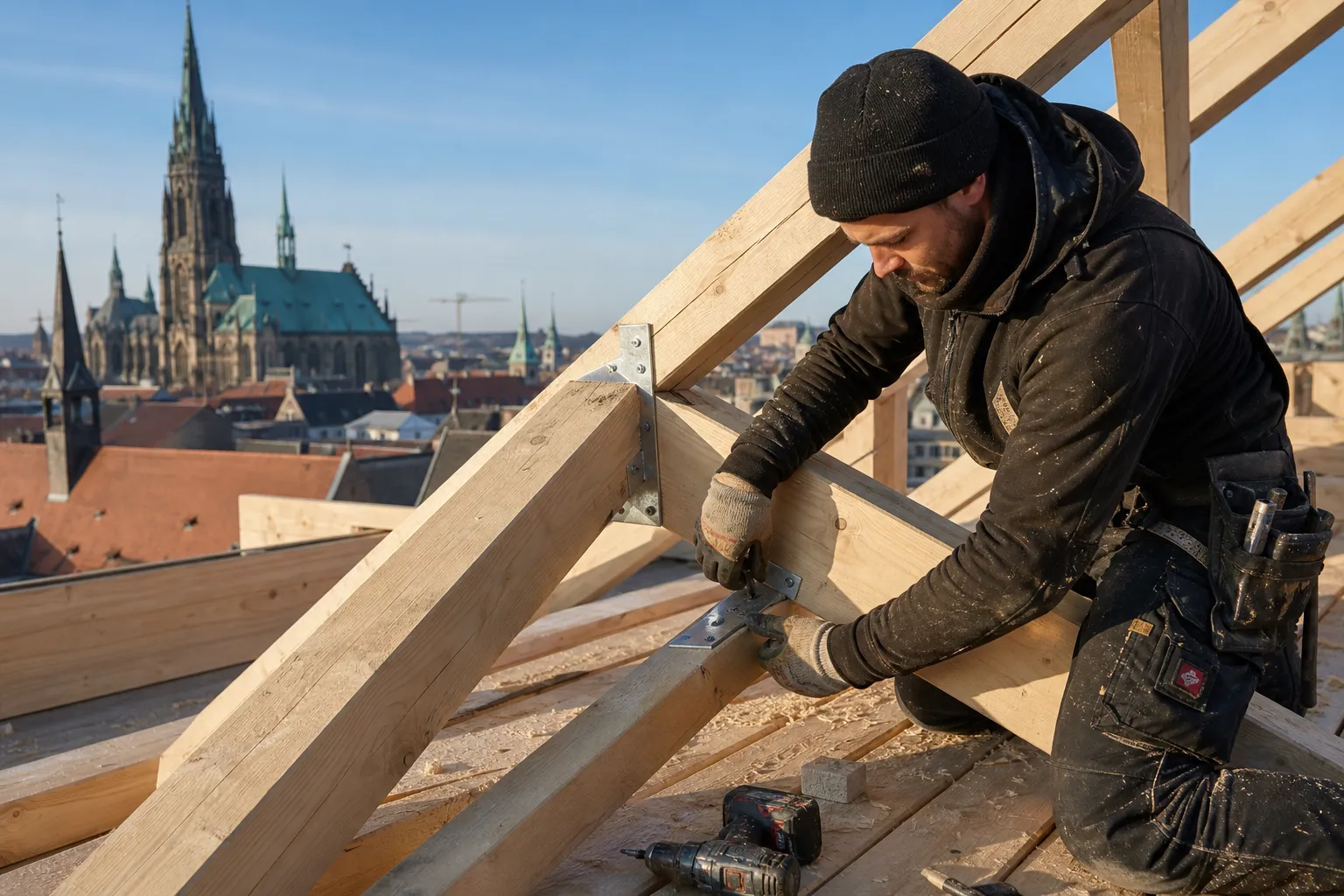 Zimmermann montiert Dachstuhl aus Holz auf einem Wohngebäude in Würzburg